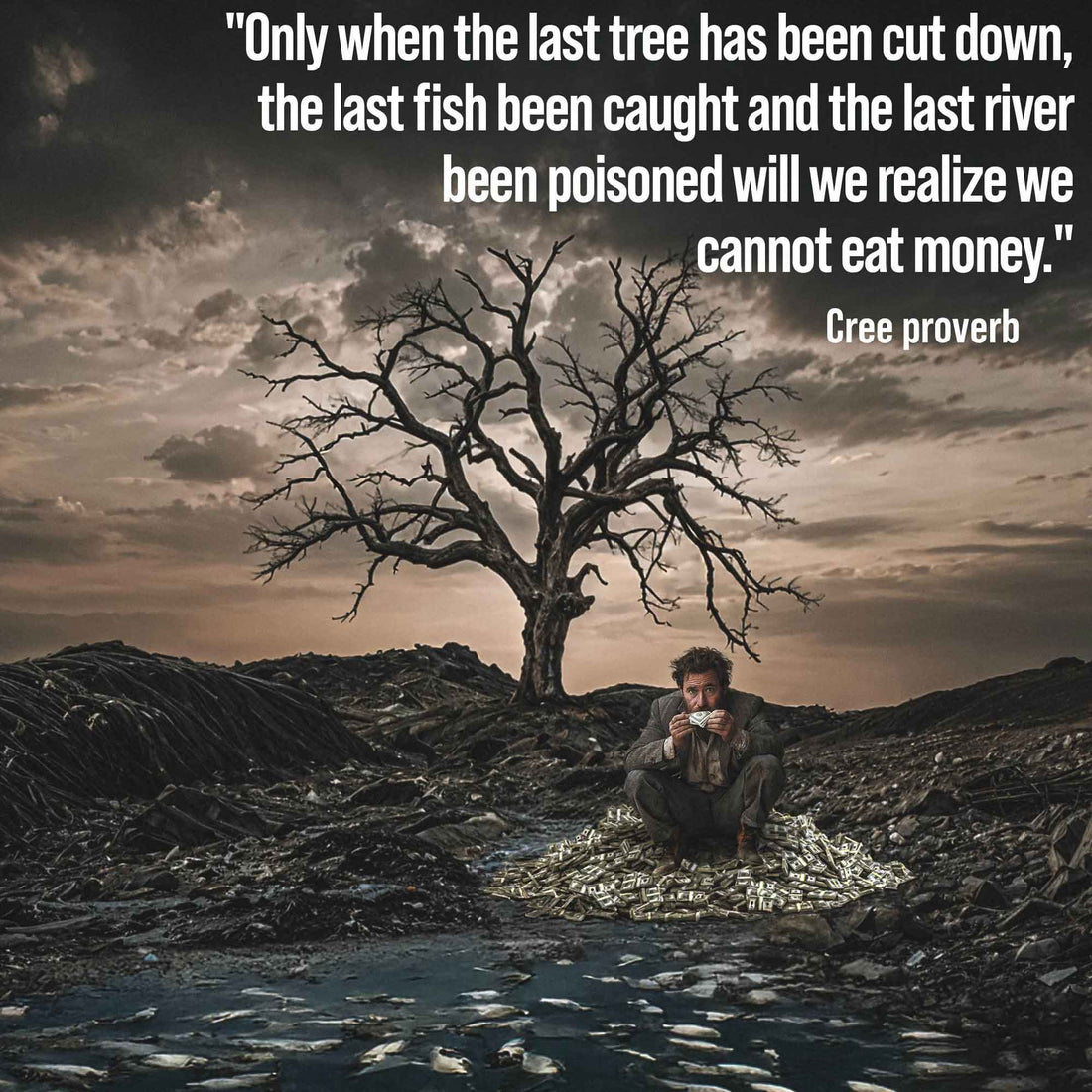 A picture of a man trying to eat money as he sits below a dead tree in a dead wasteland. In the sky the words - Only when the last tree has been cut down, the last fish been caught and the last river been poisoned will we realize we cannot eat money.