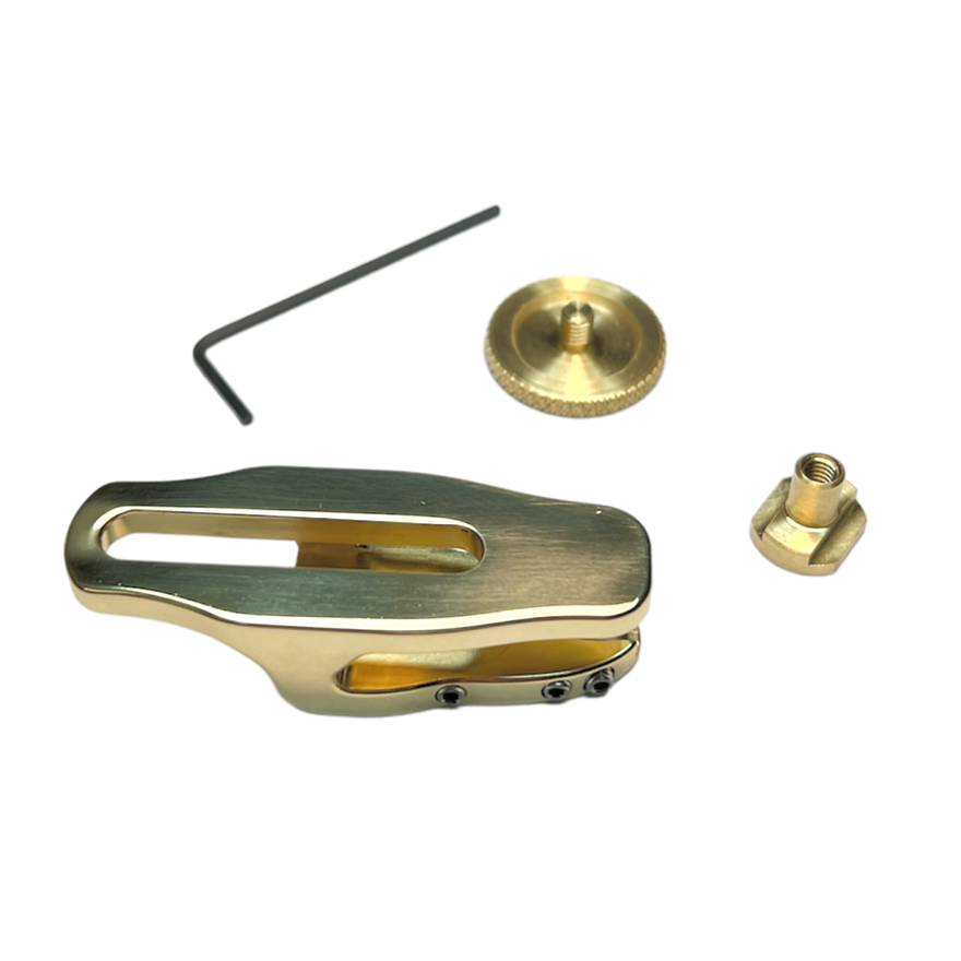 All the parts of the all brass LAGAN wrist saver for saxophone. It helps expand the right hand grip and allow for greater adjustability of your right thumb hook or right thumb rest.