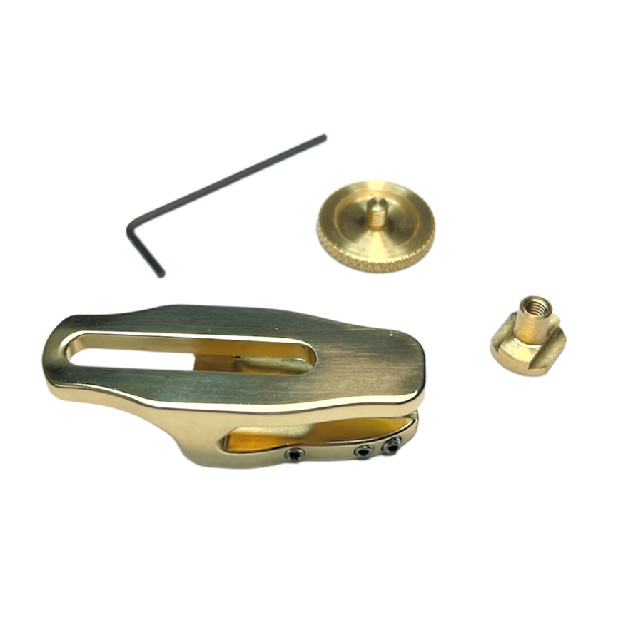 All the parts of the all brass LAGAN wrist saver for saxophone. It helps expand the right hand grip and allow for greater adjustability of your right thumb hook or right thumb rest. 