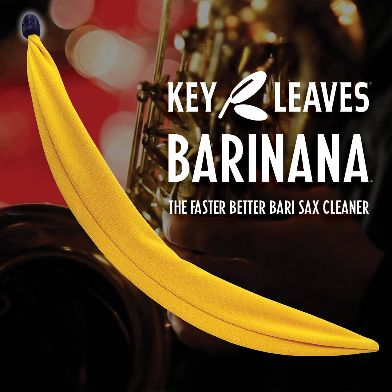 Key Leaves bari baritone saxophone cleaning swab for cleaning neck and top crook of bari sax. This banana shaped cleaner is nicknamed the Barinana™ swab and helps deep clean the musical instrument.