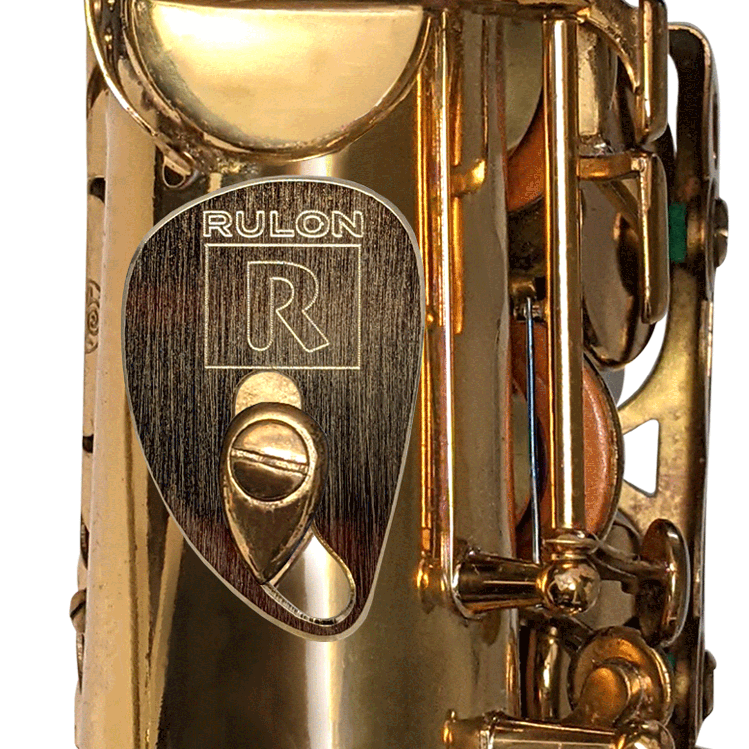 Gold plated RULON saxophone thumb rest replaces the right thumb hook with a flat adjustable plate that is ergonomic and fits any hand large or small.