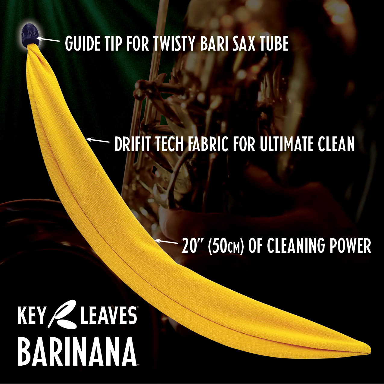 Features of the BARINANA™ baritone saxophone cleaner include a guide tip for twisty bari sax tubes, Drifit tech fabric for unltimate cleaning, and 2 inches (50cm) of cleaning length.