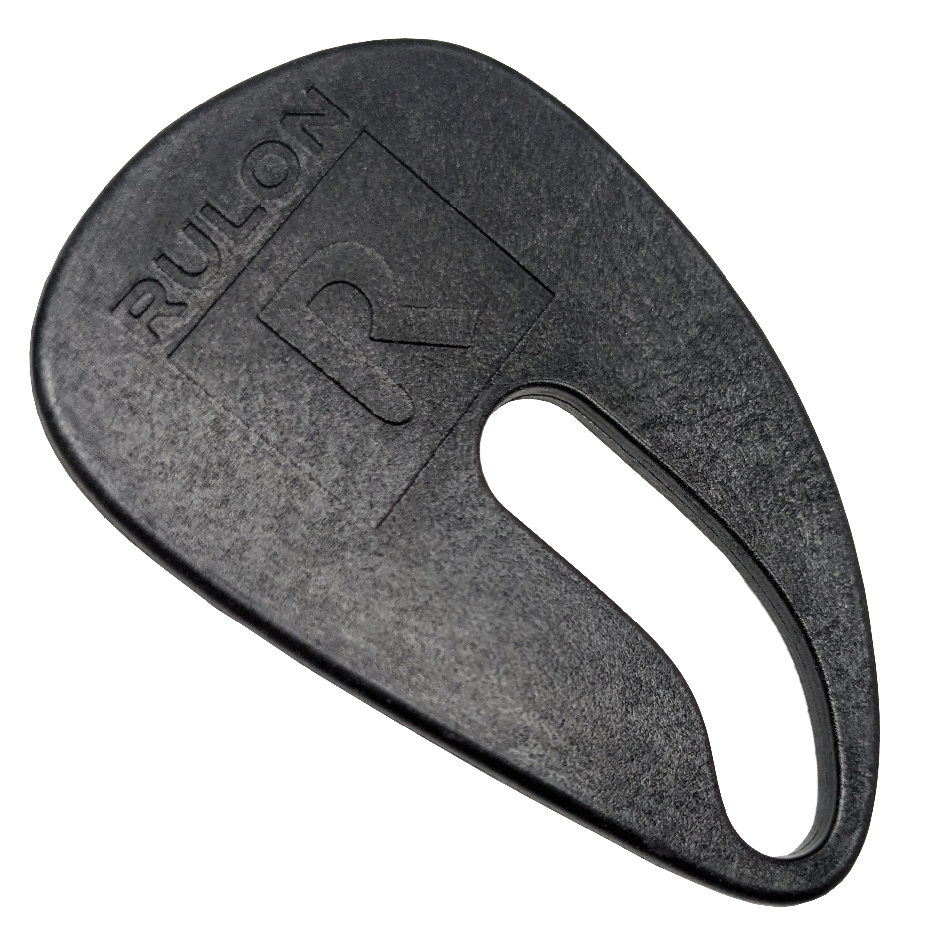 A black plastic RULON saxophone thumb rest to reduce pain and discomfort while playing saxophone.