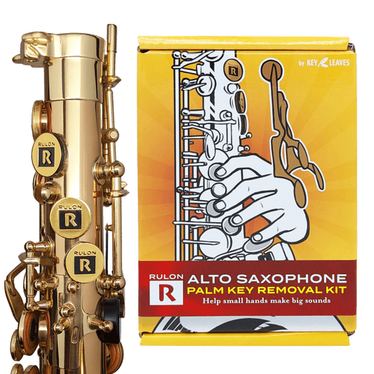 The RULON Alto Saxophone Palm Key Removal Kit shown next to an alto saxophone with palm keys removed. This kit helps children with small hands begin learning the saxophone.