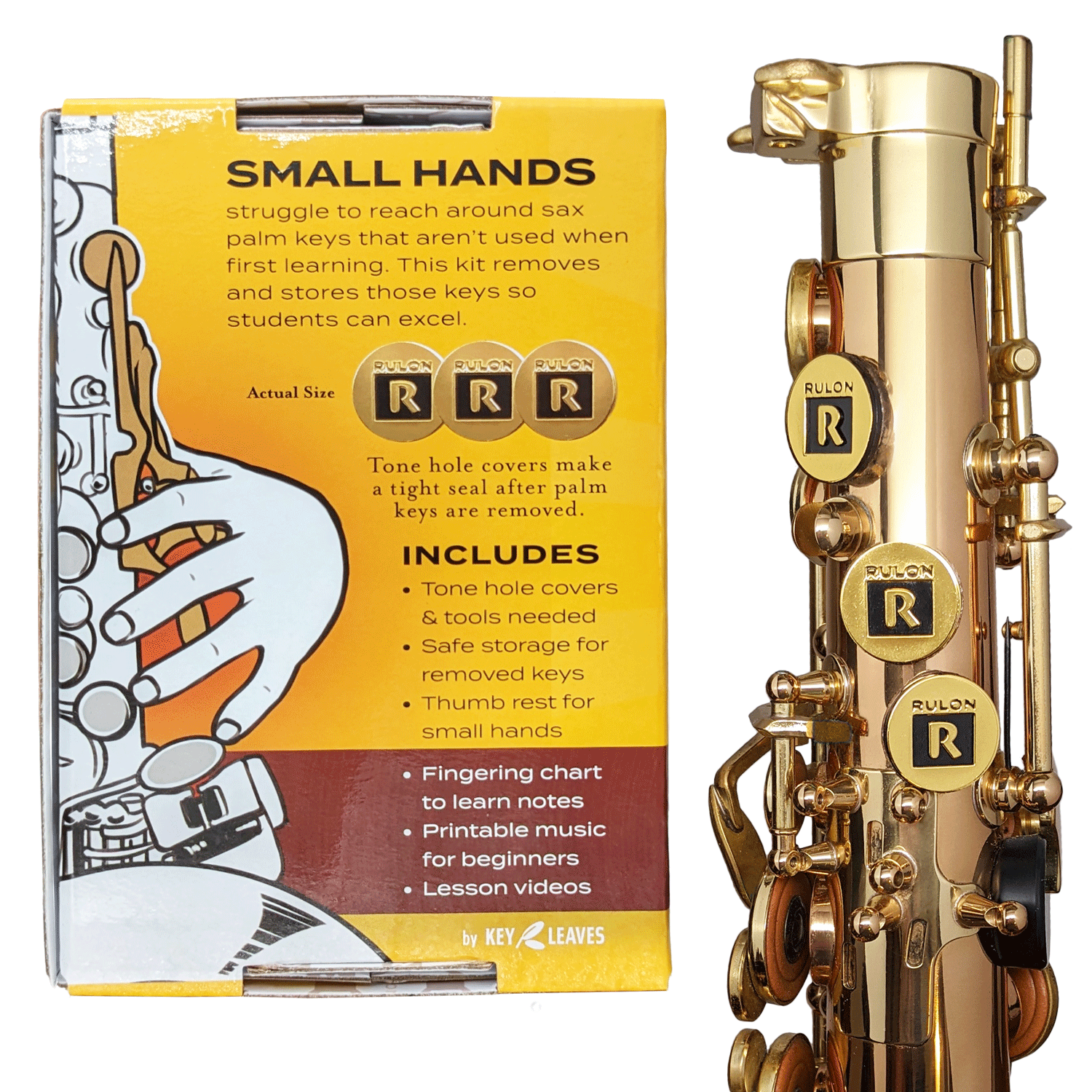 Package back of the RULON alto saxophone palm key removal kit. The kit helps children with small hands reach the keys and begin playing sax.