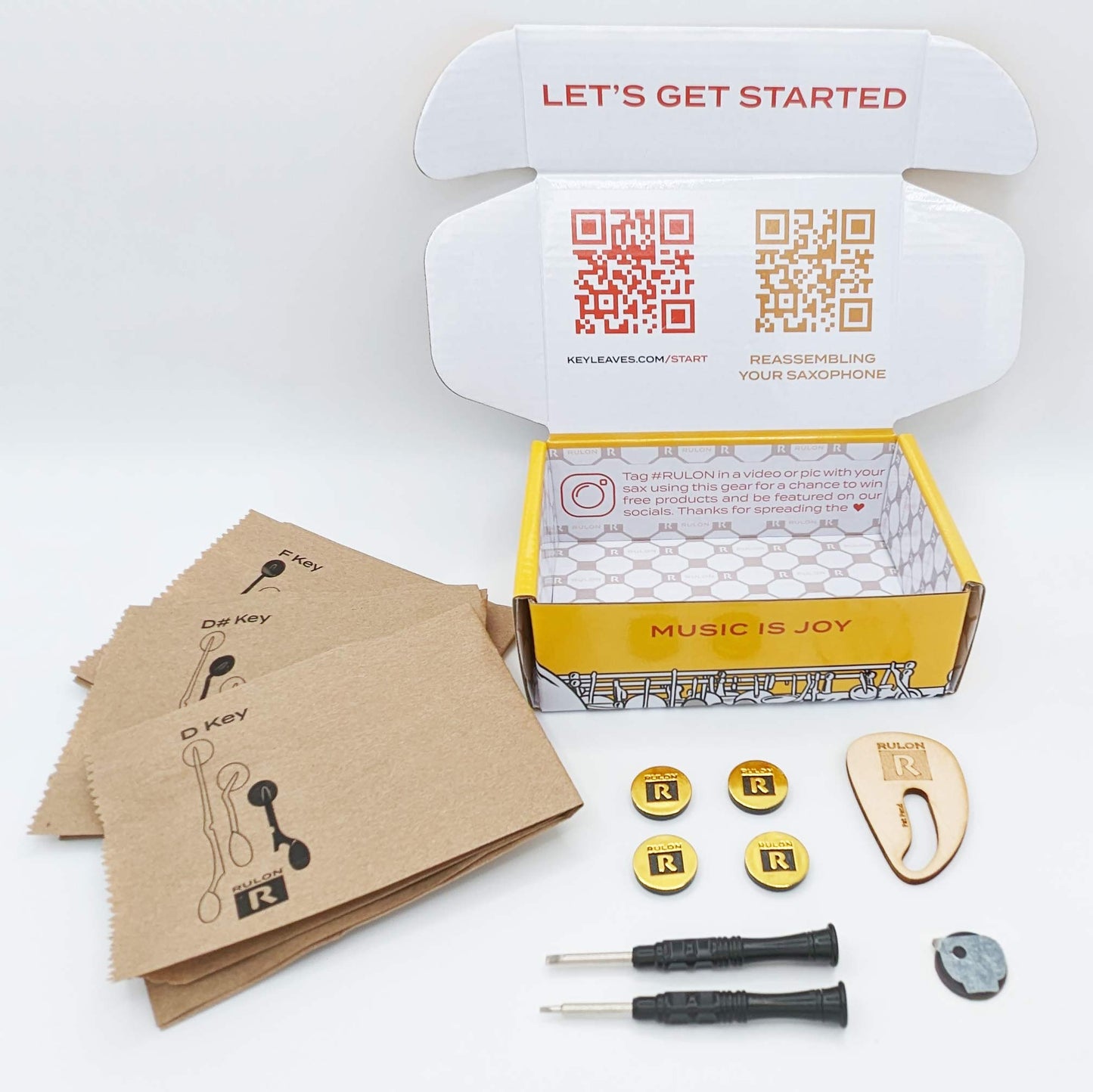 Contents of the RULON Alto Saxophone Palm Key Removal Kit include two screwdrivers, a RULON ergonomic thumb rest, four tone hole covers, a travel screwdriver with magnet mount, easy-to-use storage system, cleaning wipes, and video guided instructions. Everything a parent or music teacher needs to safely remove sax palm keys and help children begin learning the instrument.