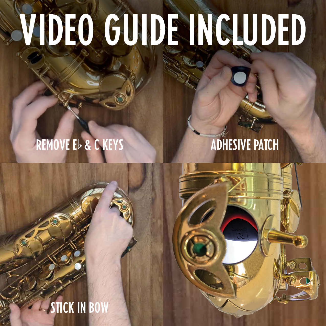 Image collage showing main steps to install a RULON Saxophone Bow Patch