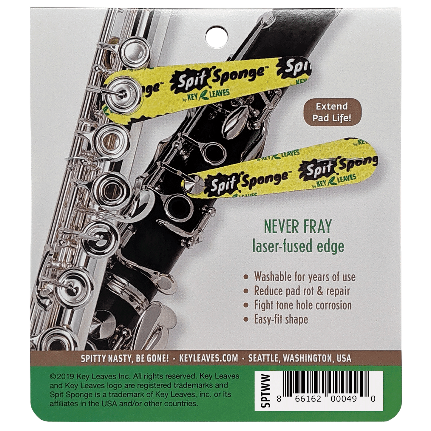 A photo of the package back for a Spit Sponge pad dryer for woodwind instruments.