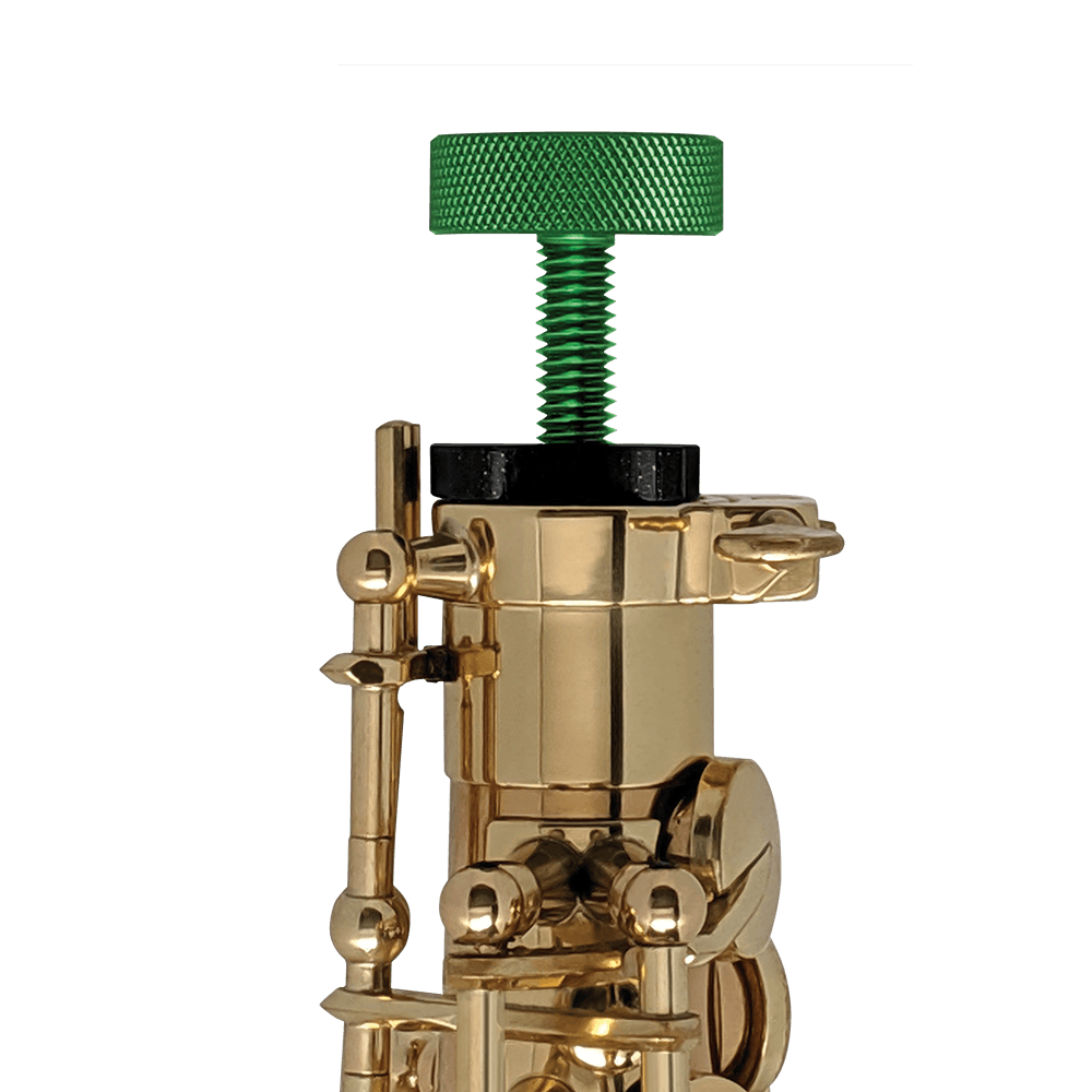 GapCap® shown on an alto saxophone helps protect the instrument from damage inside the case, protect the octave key, vent moisture away, and provide shock absorption from sax case drop or impact.