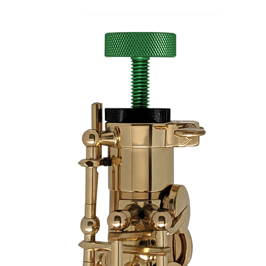 GapCap® shown on an alto saxophone helps protect the instrument from damage inside the case, protect the octave key, vent moisture away, and provide shock absorption from sax case drop or impact.
