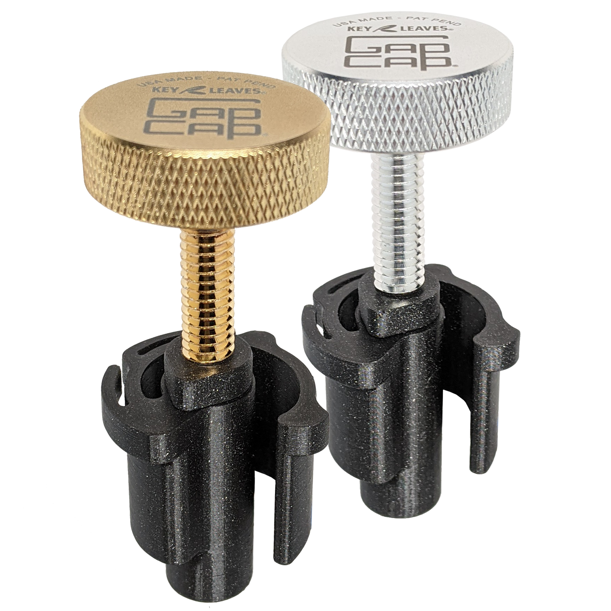 A set of gold plated and silver plated GapCap® saxophone end plugs shown together. These insert into the top of a saxophone to help protect the octave key and saxophone body from damage.