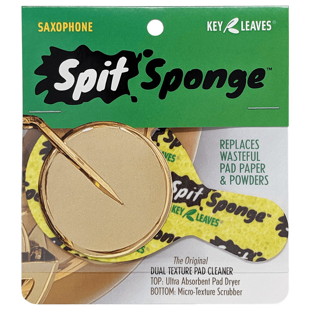 Spit Sponge™ sax size pad dryer protects saxophone pads by drying pad leather rot and tone holes so the sax is cleaner and drier. The top is soft and super absorbent and the bottom is laser textured to grab and remove sticky gunk on the saxophone