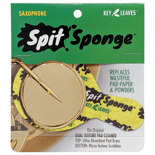 Spit Sponge™ sax size pad dryer protects saxophone pads by drying pad leather rot and tone holes so the sax is cleaner and drier. The top is soft and super absorbent and the bottom is laser textured to grab and remove sticky gunk on the saxophone