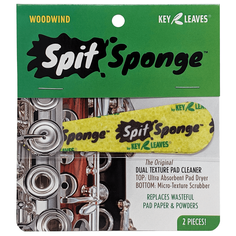 An image of the Spit Sponge pad dryer package containing two pieces of woodwind sized pad cleaner for flute, clarinet, oboe, and other wind instruments.