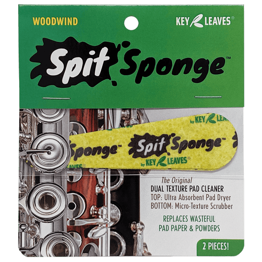 An image of the Spit Sponge pad dryer package containing two pieces of woodwind sized pad cleaner for flute, clarinet, oboe, and other wind instruments.