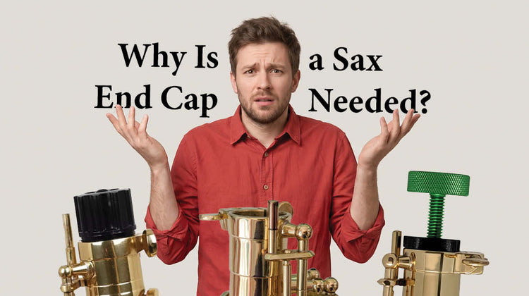 A man stands with his hands up in confusion with saxophone end caps around him and text reads: Why is a sax end cap needed?
