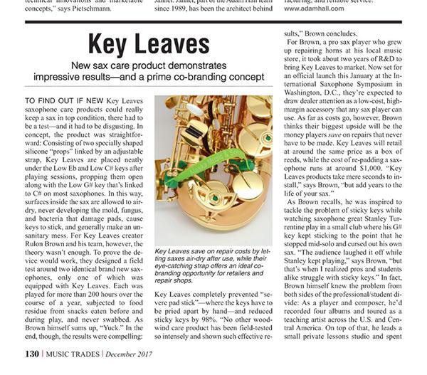 Music Trades magazine features Key Leaves (DEC 2017)