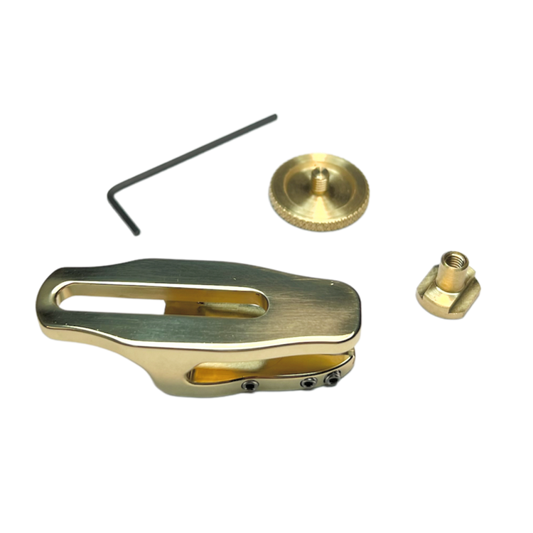 All the parts of the all brass LAGAN wrist saver for saxophone. It helps expand the right hand grip and allow for greater adjustability of your right thumb hook or right thumb rest. 