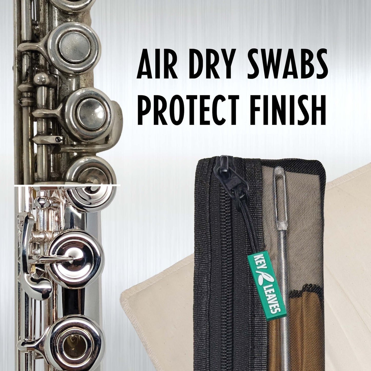 The Key Leaves Flute Pouch is vented to help air dry cleaning swabs and polishing cloths so damp sloths do not tarnish silver or nickel flutes.