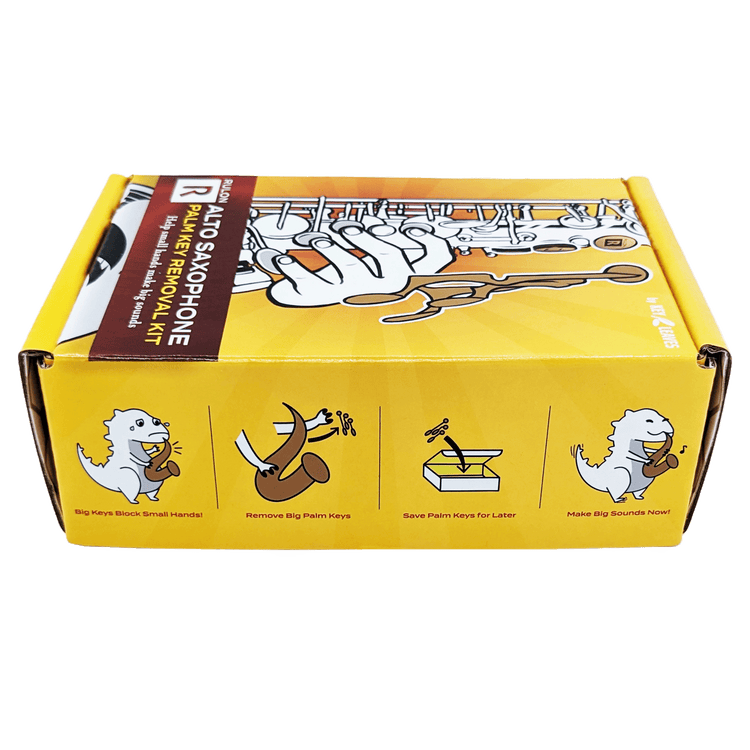 Packaging side view of the RULON alto saxophone palm key removal kit. The kit helps kids with small hands to reach the keys and begin learning.