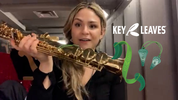 Load video: Broadway musician Emily Pecoraro shares why she uses Key Leaves sax key props, Spit Sponge pad dryers, and RULON sax rest.