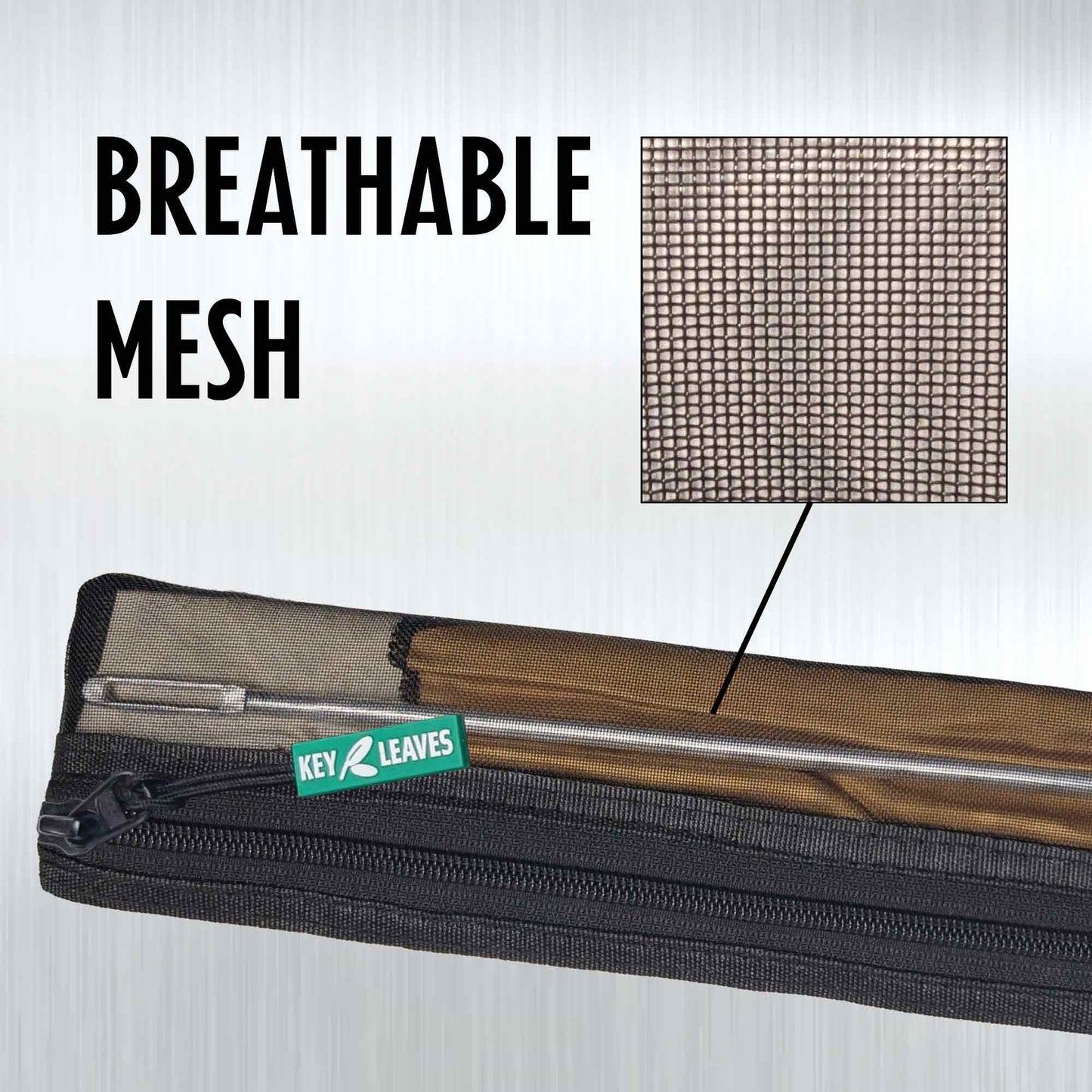 A close up image of the breathable mesh used in the The Key Leaves Flute Pouch. This breathable vented mesh allows flute cleaning swabs and cloths to air dry between playing session so the flute is cleaner and more healthy.