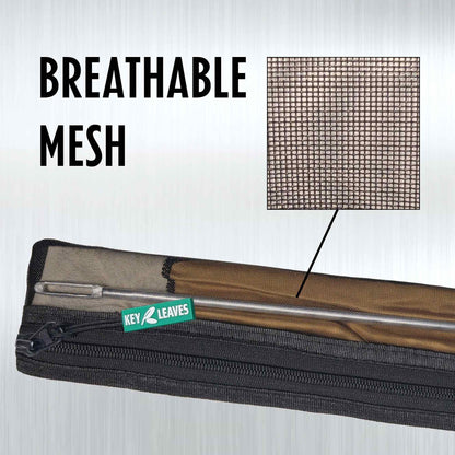 A close up image of the breathable mesh used in the The Key Leaves Flute Pouch. This breathable vented mesh allows flute cleaning swabs and cloths to air dry between playing session so the flute is cleaner and more healthy.