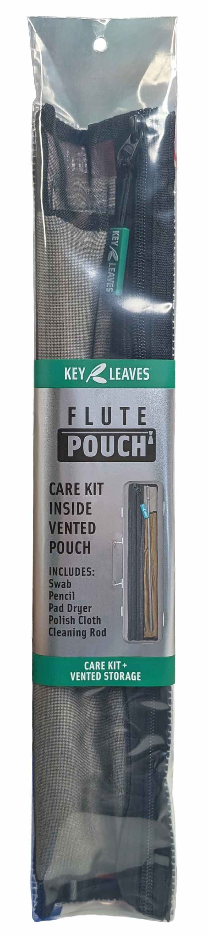 Key Leaves FLUTE POUCH package showing the pouch that sticks to a flute case filled with a flute cleaning swab, cleaning rod, polishing cloth, spit sponge pad dryer, and pencil. This flute pouch adds space to a flute case so you can store all your care items safely without having to cram them inside the flute case and risk bending keys and tarnishing silver.