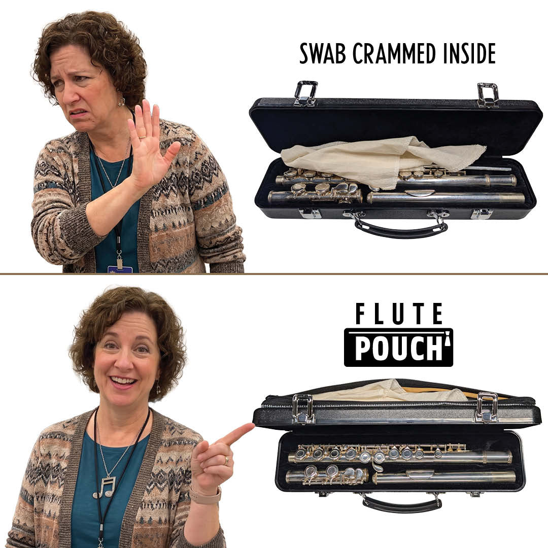 A meme showing a female band teacher looking away in disgust at a flute case with the wet swab crammed in on top of the flute. Then under that is the same band teacher pointing in happy approval at a flute case using a Key Leaves Flute Pouch to safely store all the flute care kit items outside of the case. 
