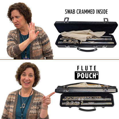 A meme showing a female band teacher looking away in disgust at a flute case with the wet swab crammed in on top of the flute. Then under that is the same band teacher pointing in happy approval at a flute case using a Key Leaves Flute Pouch to safely store all the flute care kit items outside of the case. 