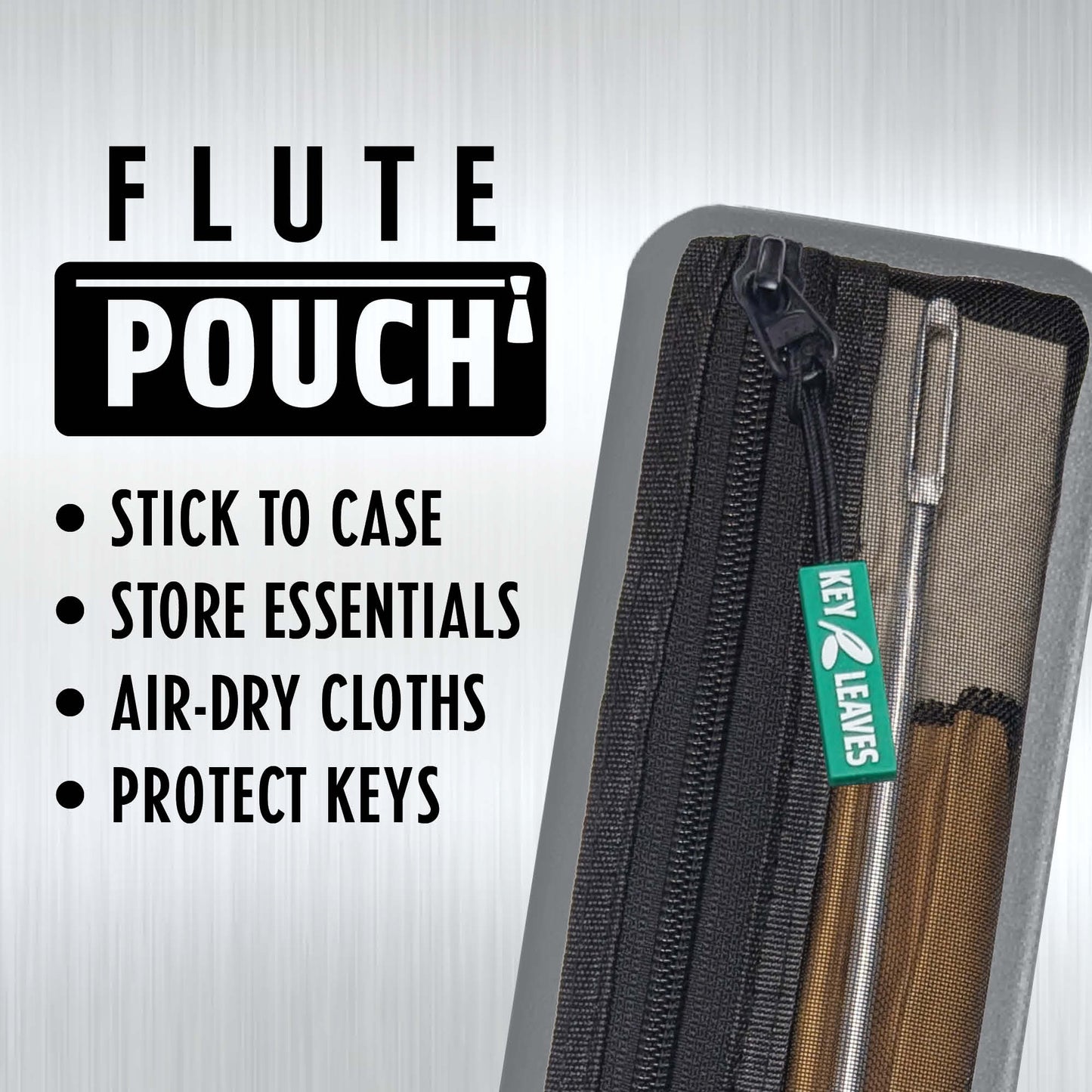 The Key Leaves Flute Pouch stores essential cleaning items, air dries cloths, and protects keys from tarnish and bending inside overstuffed cases. 