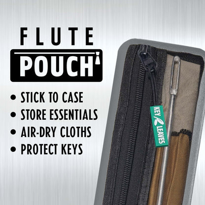 The Key Leaves Flute Pouch stores essential cleaning items, air dries cloths, and protects keys from tarnish and bending inside overstuffed cases. 
