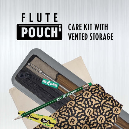 The Key Leaves Flute Pouch Care Kit provides vented storage or a premium cleaning care kit including cleaning swab, cleaning rod, polishing cloth, pad dryer, and pencil.