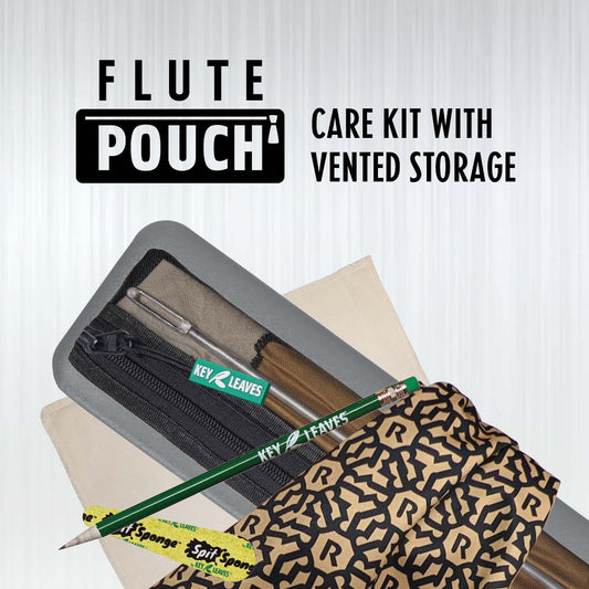 The Key Leaves Flute Pouch Care Kit provides vented storage or a premium cleaning care kit including cleaning swab, cleaning rod, polishing cloth, pad dryer, and pencil.