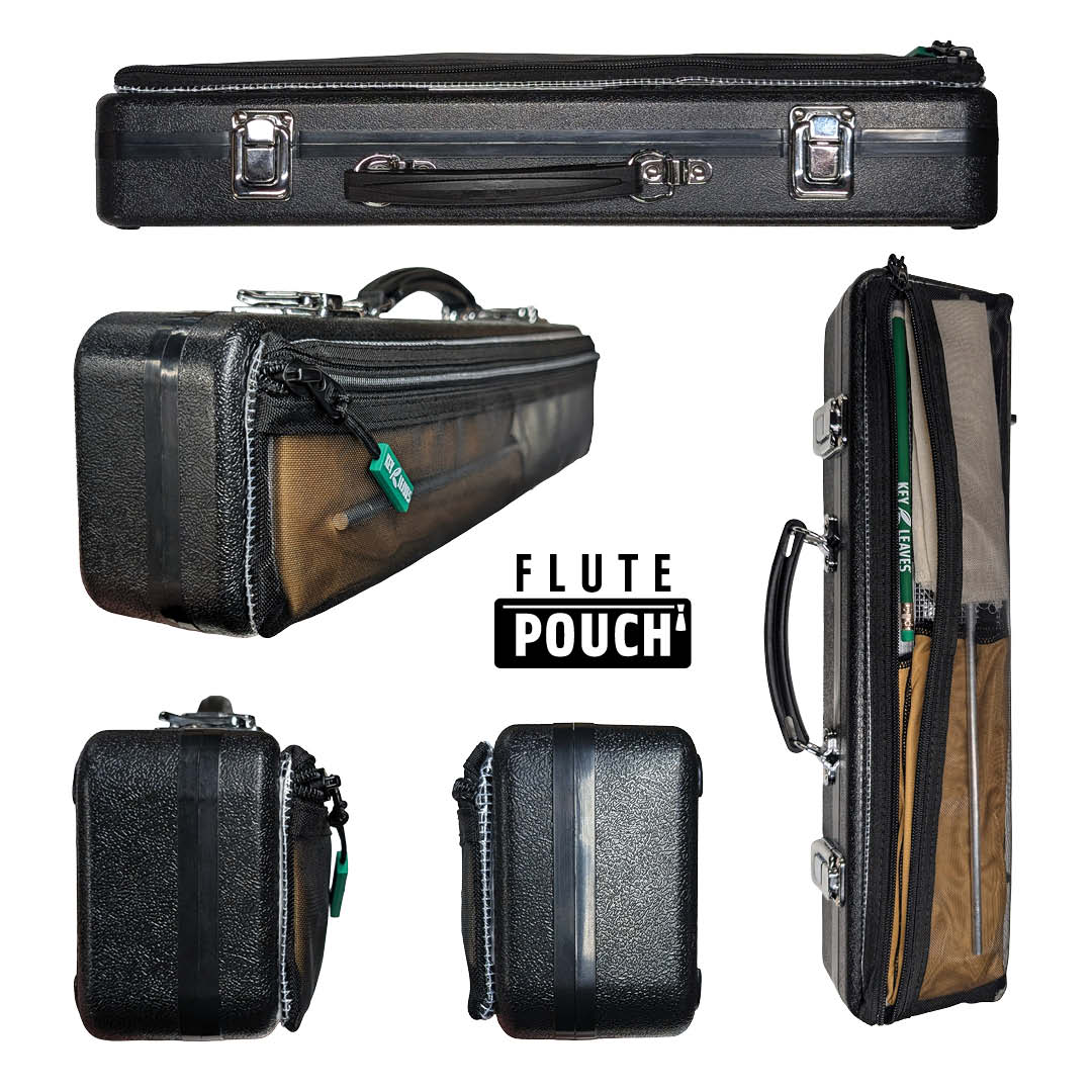 A photo collage showing multiple angle views of the FLUTE POUCH by Key Leaves. The pouch is stuck to the lid of a flute case to provide extra storage for cleaning items. Here the pouch is shown in five different side views.