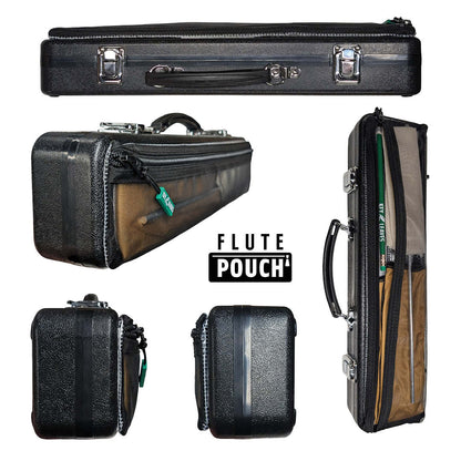 A photo collage showing multiple angle views of the FLUTE POUCH by Key Leaves. The pouch is stuck to the lid of a flute case to provide extra storage for cleaning items. Here the pouch is shown in five different side views.
