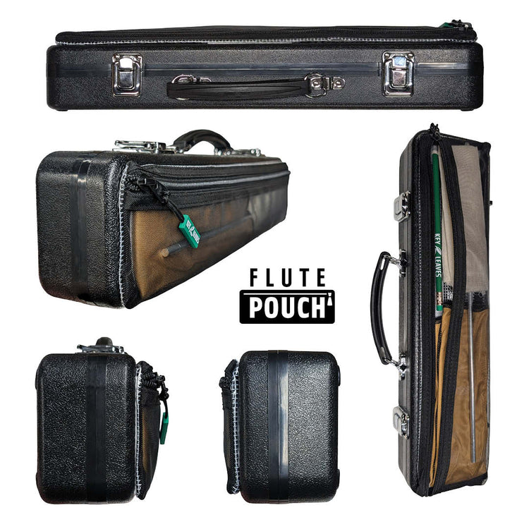 A photo collage showing multiple angle views of the FLUTE POUCH by Key Leaves. The pouch is stuck to the lid of a flute case to provide extra storage for cleaning items. Here the pouch is shown in five different side views.