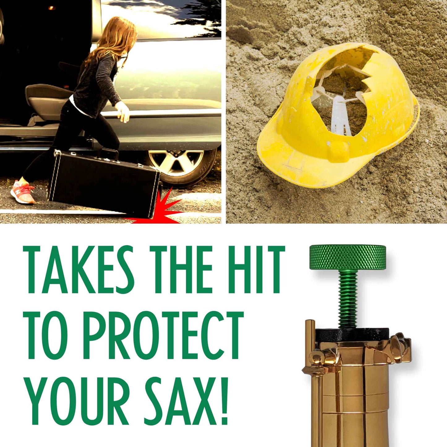 A photo of a child dropping their saxophone case on the ground and a GapCap saxophone end cap protecting it from damage. Also shown is a broken helmet and the text "Takes the hit to protect your sax!"