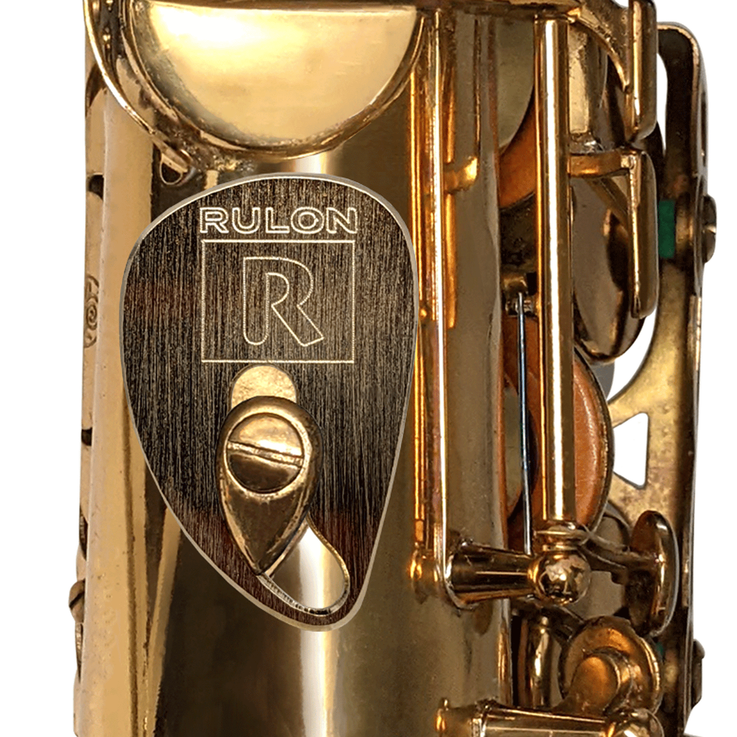 Gold plated RULON saxophone thumb rest replaces the right thumb hook with a flat adjustable plate that is ergonomic and fits any hand large or small.