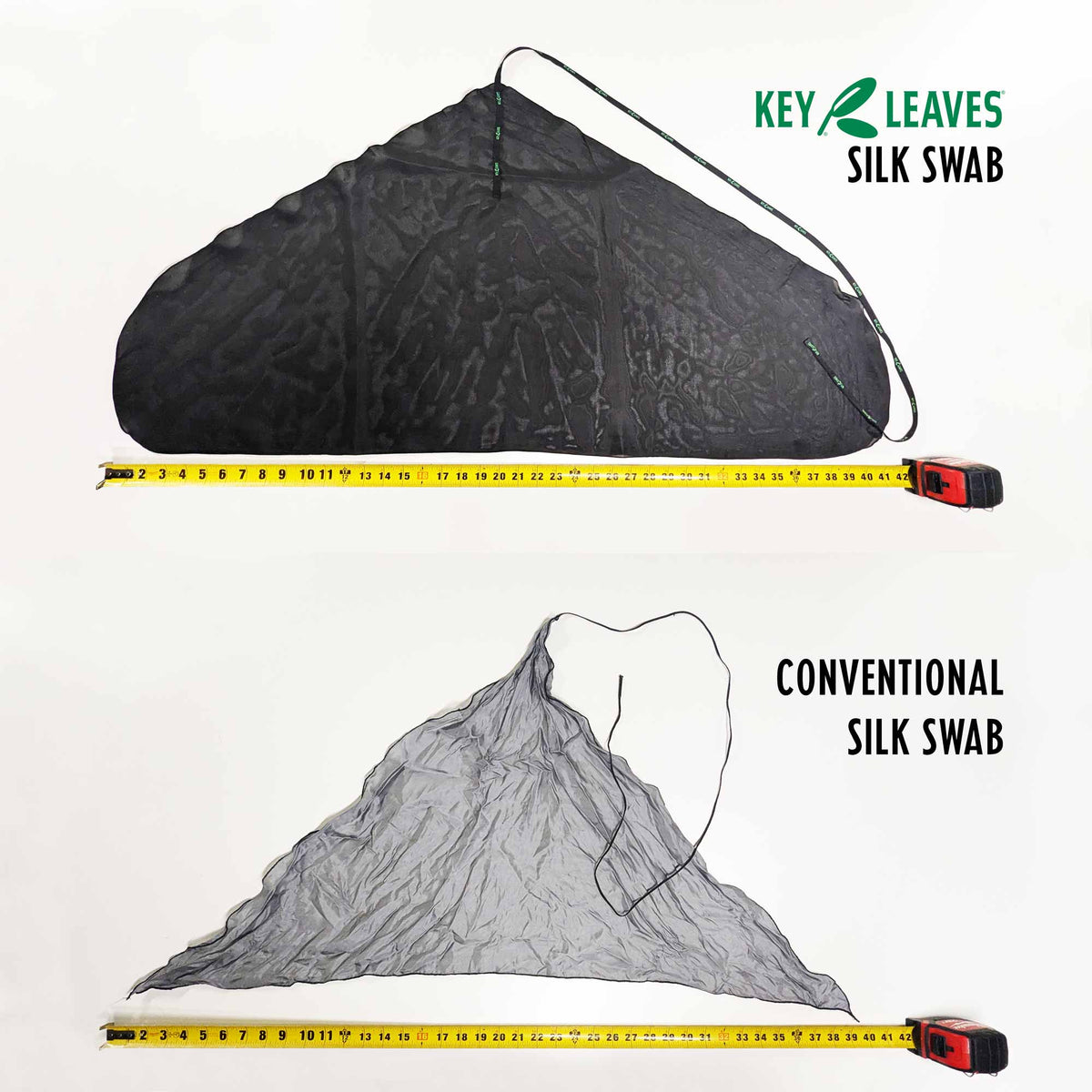 A size comparison of Key Leaves Premium Silk Swab for clarinet and saxophone VS a conventional silk swab for clarinet and saxophone. 