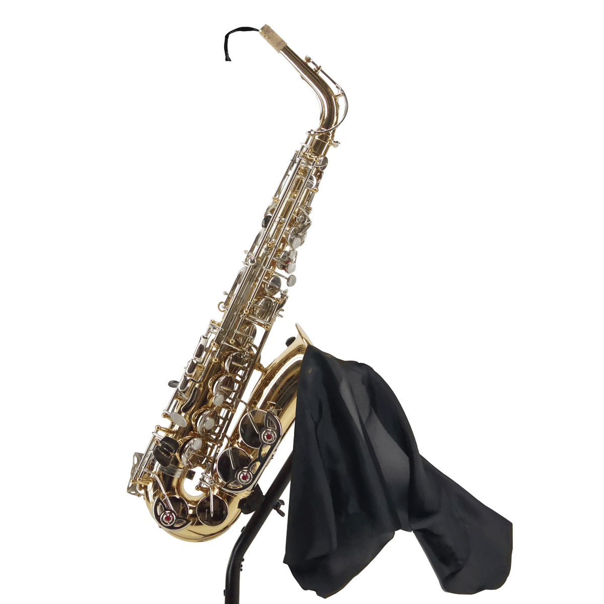 Key Leaves premium silk swab shown cleaning an alto saxophone bell and body tube.