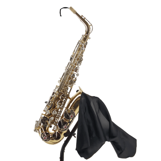 Key Leaves premium silk swab shown cleaning an alto saxophone bell and body tube.