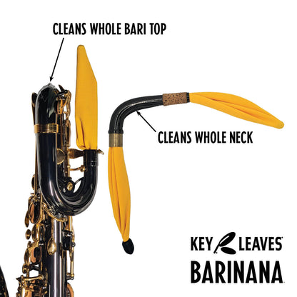 Key Leaves BARINANA™ baritone saxophone cleaning swab shown cleaning a bari sax neck and bari sax body tube crook.