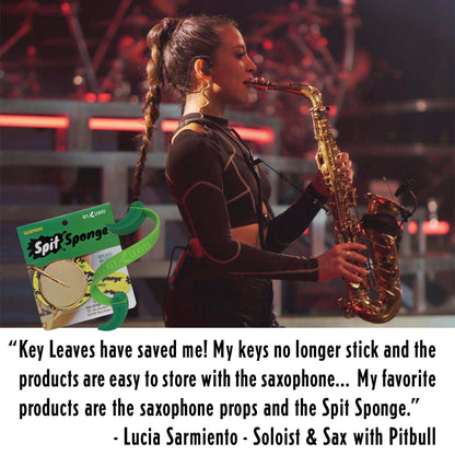 International touring saxophone player, Lucia Sarmiento, is shown playing sax on stage and quoted in this image saying: "Key Leaves have saved me! My keys no longer stick and the products are easy to store with the saxophone...  My favorite products are the saxophone props and the Spit Sponge."