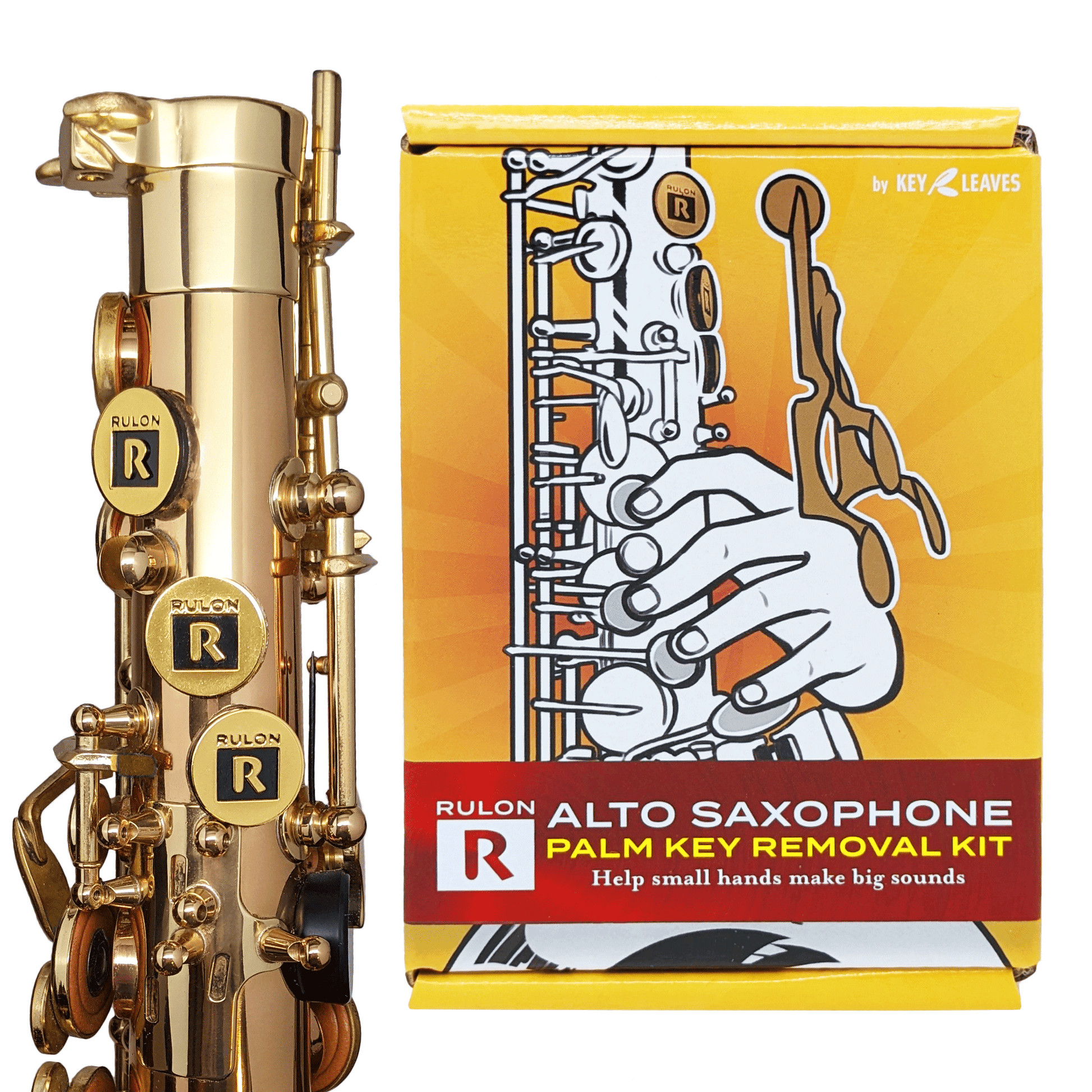 The RULON Alto Saxophone Palm Key Removal Kit shown next to an alto saxophone with palm keys removed. This kit helps children with small hands begin learning the saxophone.