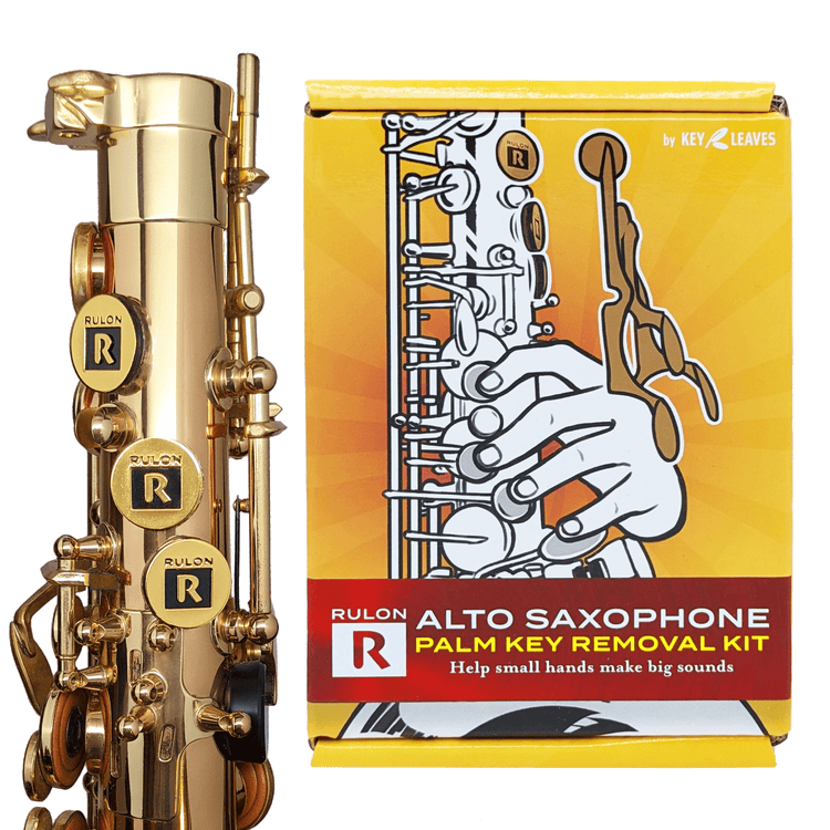 The RULON Alto Saxophone Palm Key Removal Kit shown next to an alto saxophone with palm keys removed. This kit helps children with small hands begin learning the saxophone.