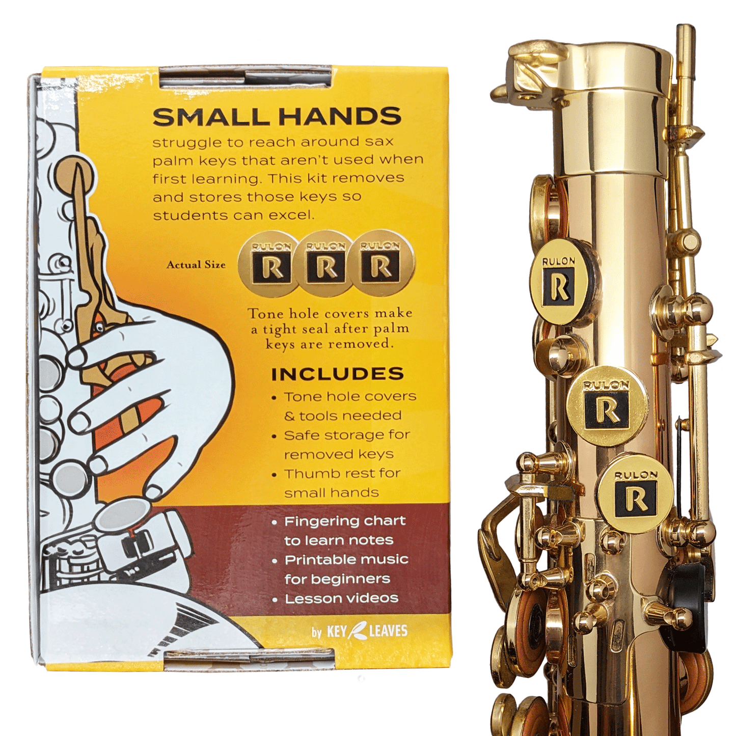 Package back of the RULON alto saxophone palm key removal kit. The kit helps children with small hands reach the keys and begin playing sax.
