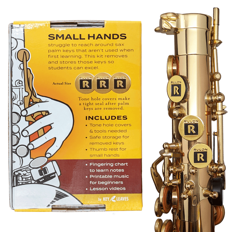Package back of the RULON alto saxophone palm key removal kit. The kit helps children with small hands reach the keys and begin playing sax.