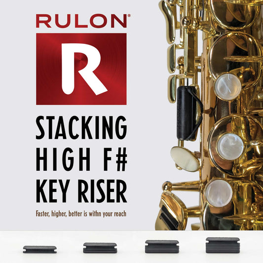 The RULON Saxophone Key Riser system uses stacking pieces to allow the player to adjust height and bring the key to meet your hand. Here it is shown installed on the High F# key of an alto saxophone.