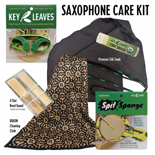 The Key Leaves Saxophone Care Kit includes a set of Key Leaves saxophone key props, premium silk cleaning swab, Spit Sponge pad dryer, reed guard, organic cork grease, and a fashion print RULON cleaning cloth.